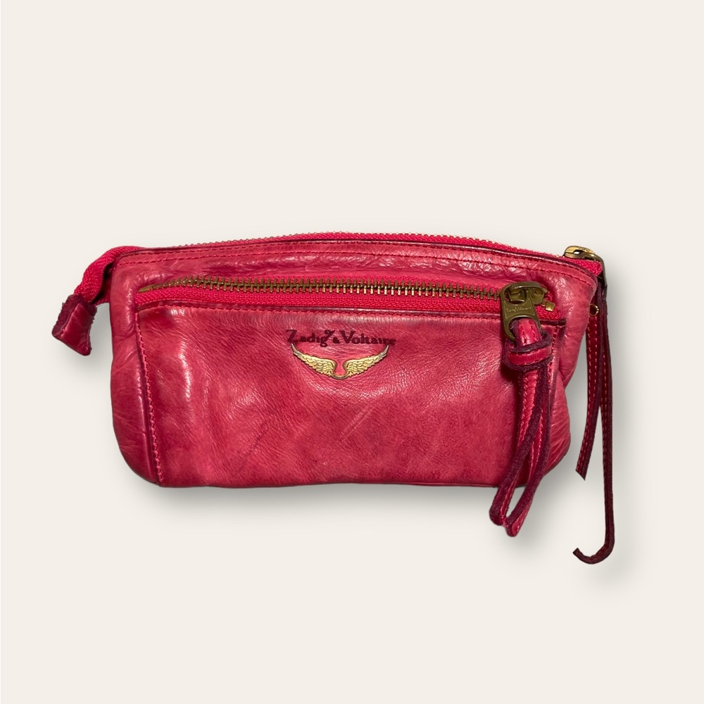Zadig and Voltaire leather burgundy red wristlet clutch pochette